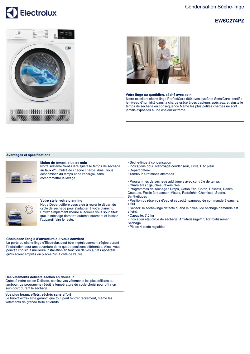 Page 1 de la notice Fiche technique Electrolux EW6C274PZ