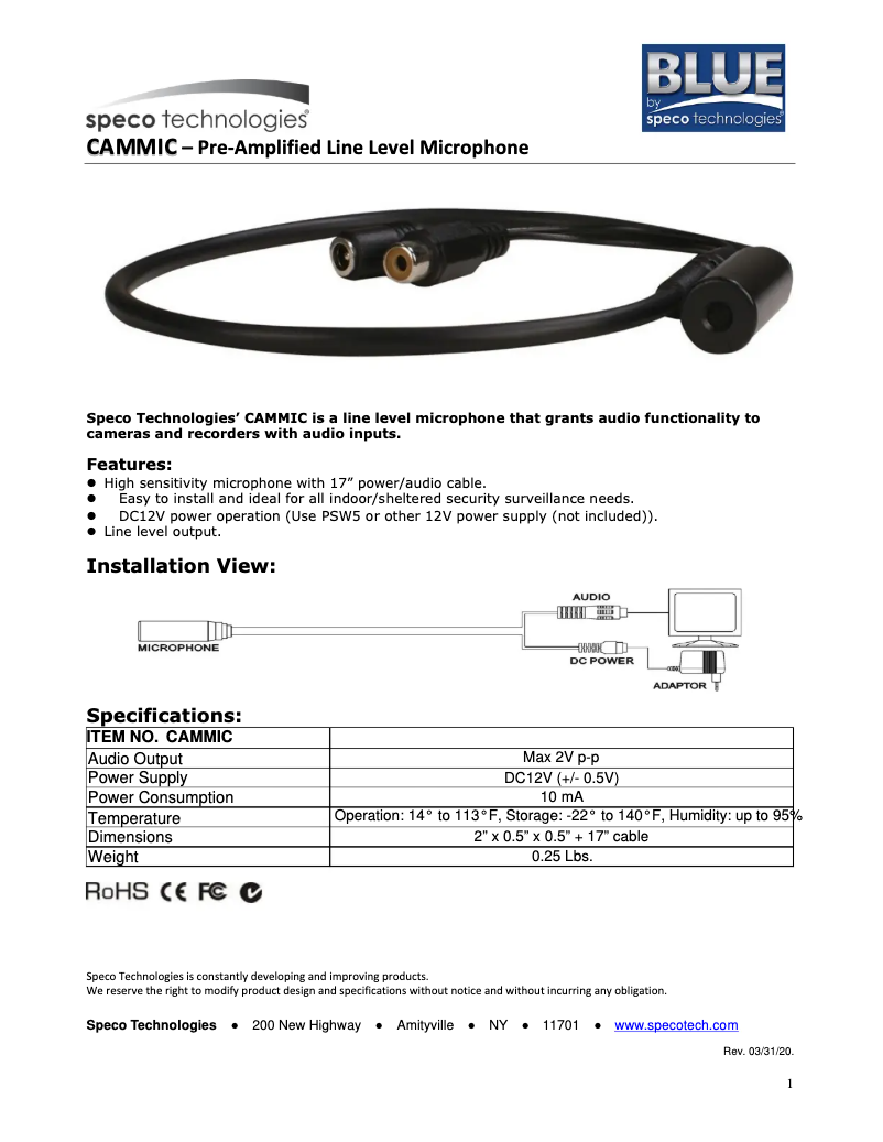 Page 1 de la notice Manuel utilisateur Speco Technologies CAMMIC