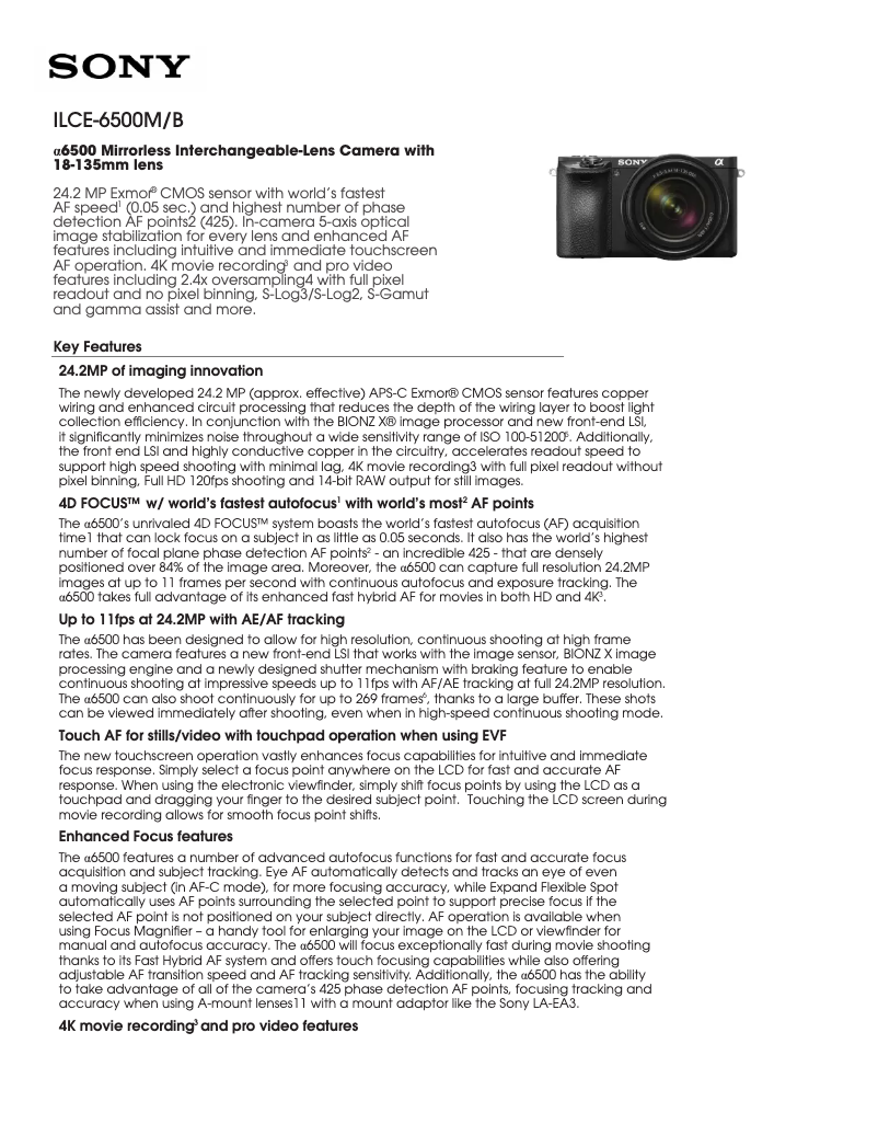 Page 1 de la notice Fiche technique Sony Alpha A6500