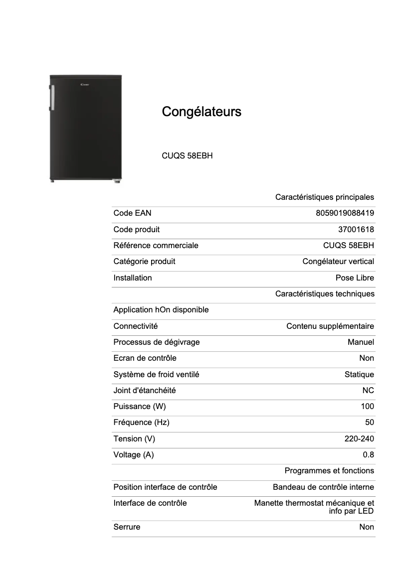 Page n°1 - Fiche technique Candy CUQS 58EBH