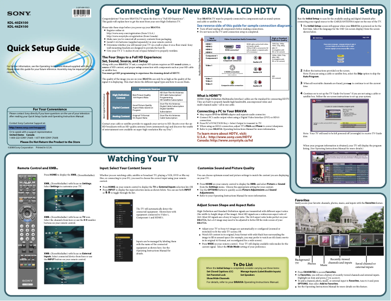 Page 1 de la notice Guide d'installation Sony Bravia KDL-40Z4100