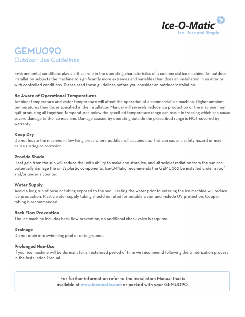 Page n°1 - Manuel d'utilisation et d'entretien Ice-O-Matic GEMU090