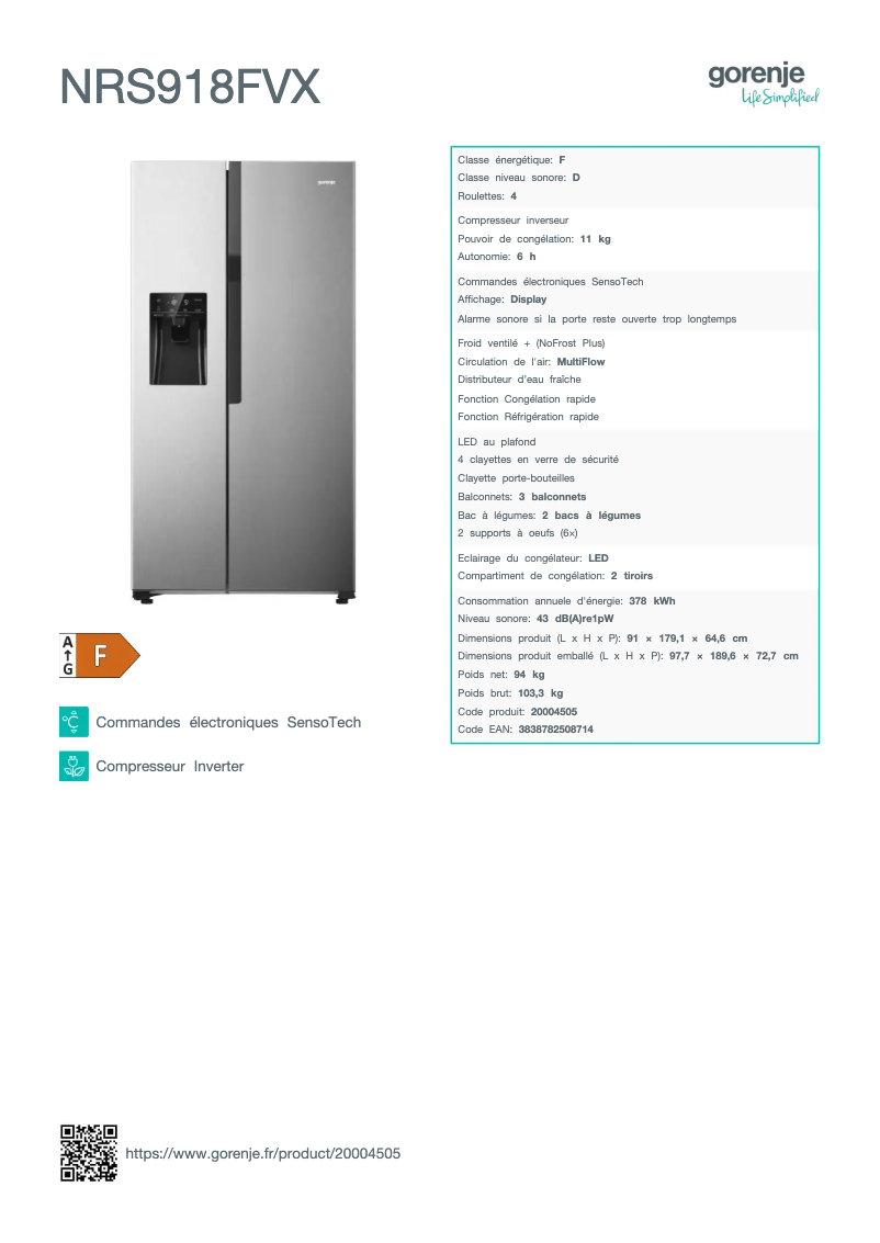 Page n°1 - Fiche technique Gorenje NRS918FVX
