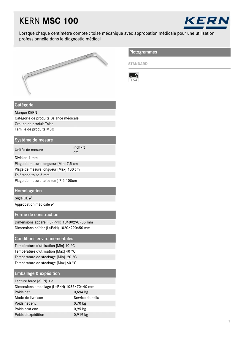 Page 1 de la notice Fiche technique Kern MSC 100N
