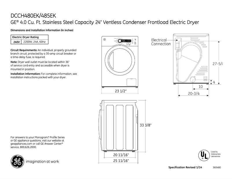 Page 1 de la notice Fiche technique GE DCCH485EKMS