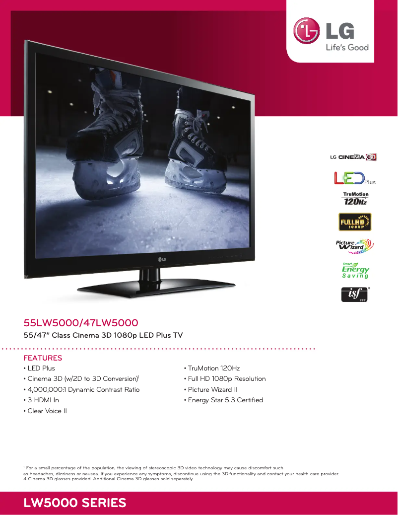 Page 1 de la notice Fiche technique LG 55LW5000