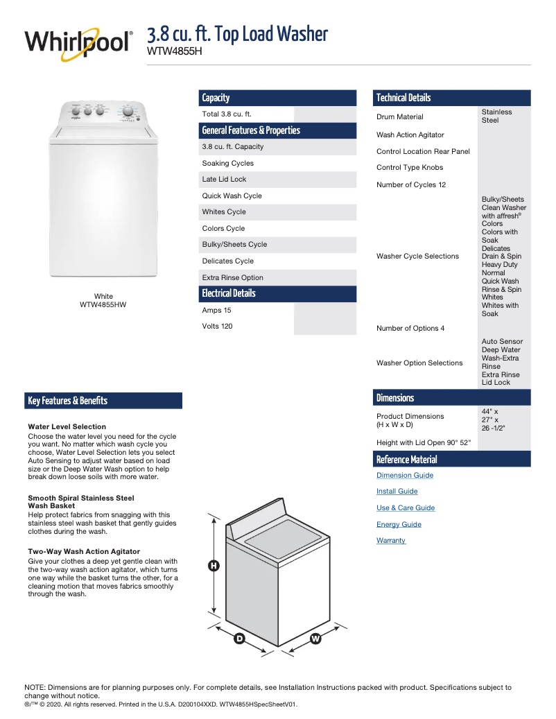 Page 1 de la notice Fiche technique Whirlpool WHLAUWGD4850HW