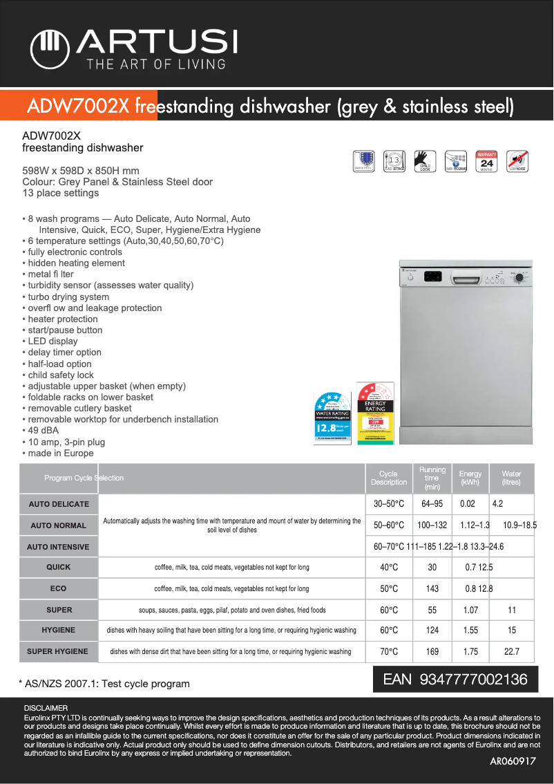 Page 1 de la notice Fiche technique Artusi ADW7002X