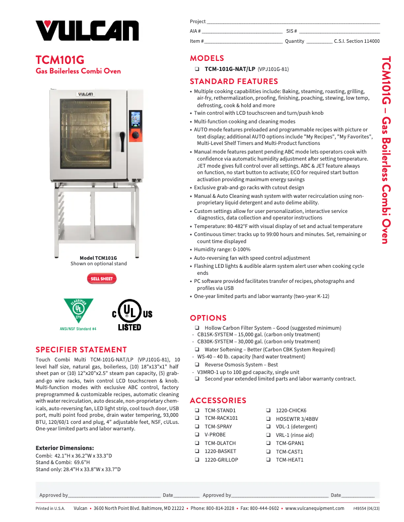 Página 1 del manual Ficha técnica Vulcan TCM-101G