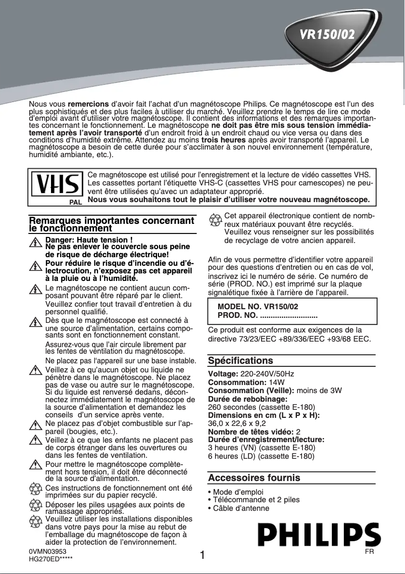 Page 1 de la notice Manuel utilisateur Philips VR150