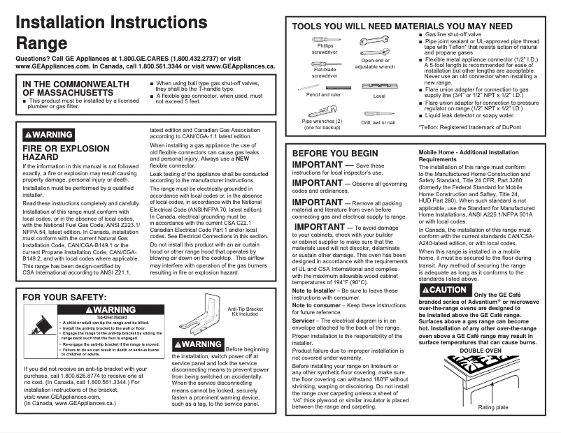 Page 1 de la notice Guide d'installation GE Profile PGS960BELTS