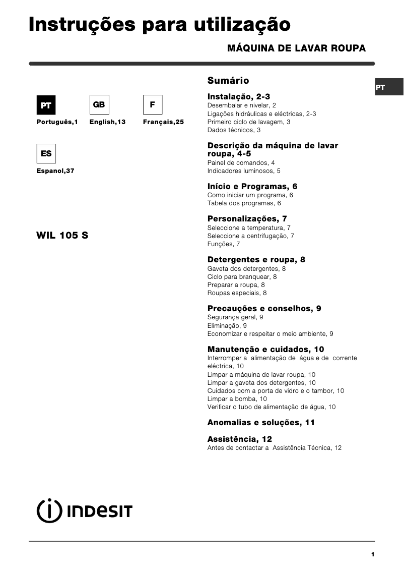 Page 1 de la notice Manuel utilisateur Indesit Standard WIL 105 S (EX)