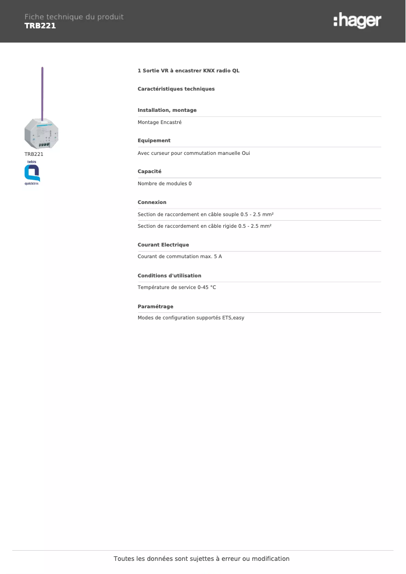 Page 1 de la notice Fiche technique Hager TRB221