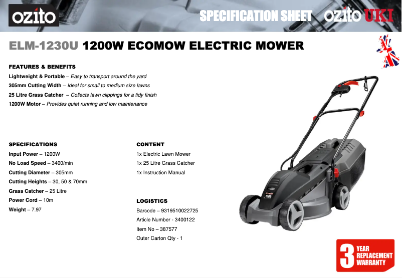 Página 1 del manual Ficha técnica Ozito ELM-1230U