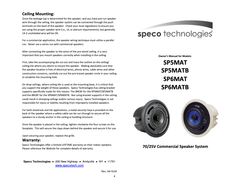 Page n°1 - Manuel utilisateur Speco Technologies SP6MATB
