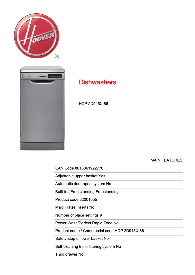 Page 1 de la notice Fiche technique Hoover HDP 2D945X-86