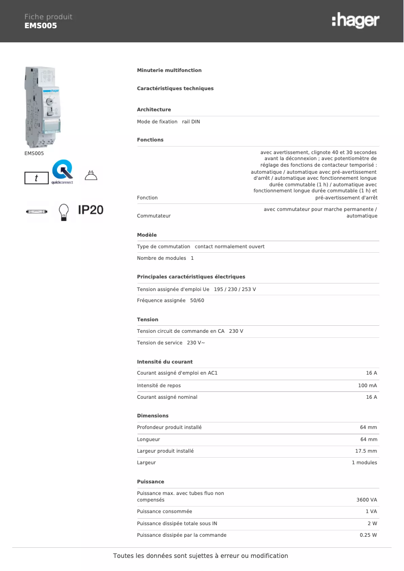 Page n°1 - Fiche technique Hager EMS005
