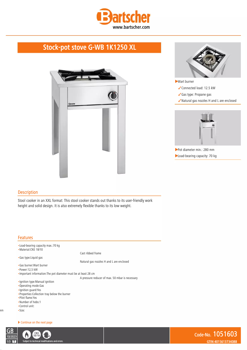 Page n°1 - Fiche technique Bartscher G-WB 1K1250 XL
