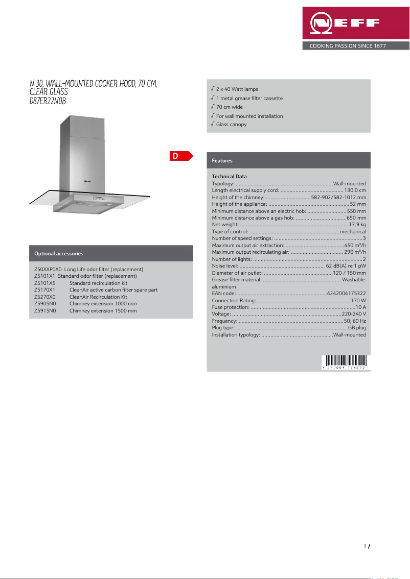 Page 1 de la notice Fiche technique Neff D87ER22N0B