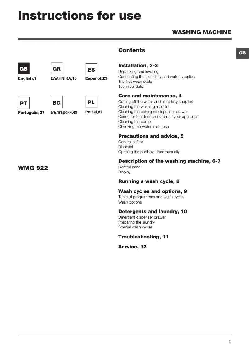 Image de la première page du manuel de l'appareil WMG 922B EU