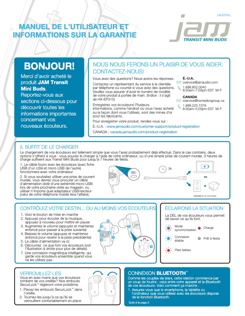 Page 1 de la notice Manuel utilisateur Jam Transit Mini Buds HX-EP315