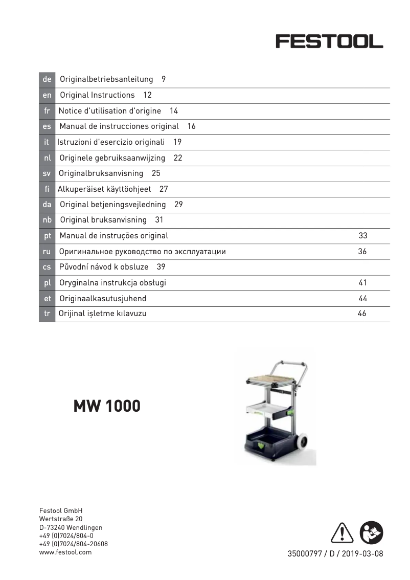 Page 1 de la notice Manuel utilisateur Festool MW 1000