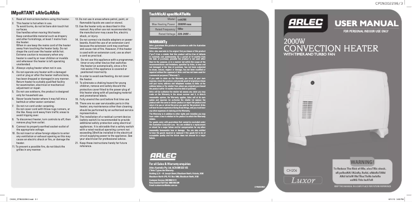 Page n°1 - Manuel utilisateur Arlec Luxor CH206