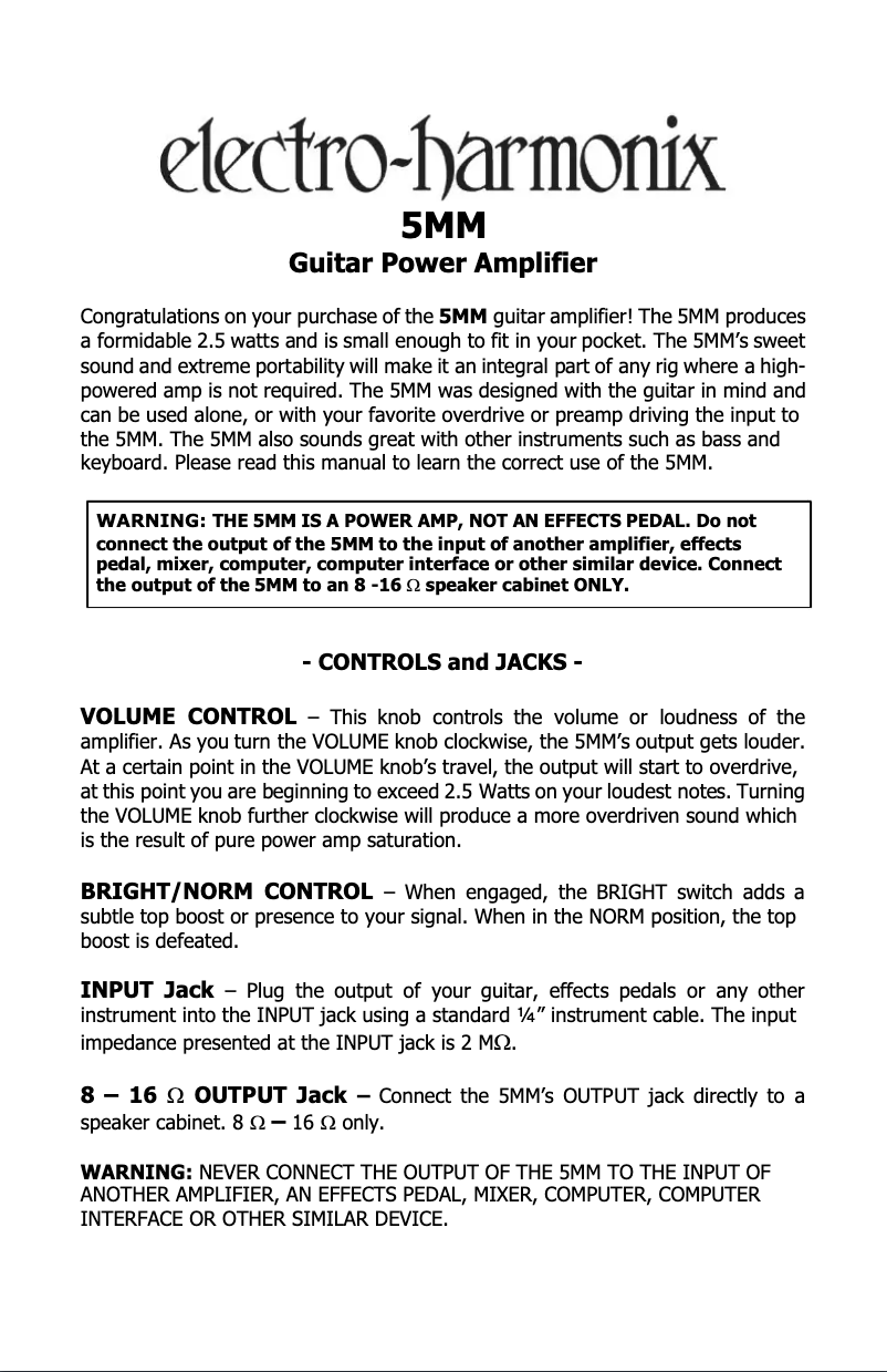 Page n°1 - Manuel utilisateur Electro Harmonix 5MM