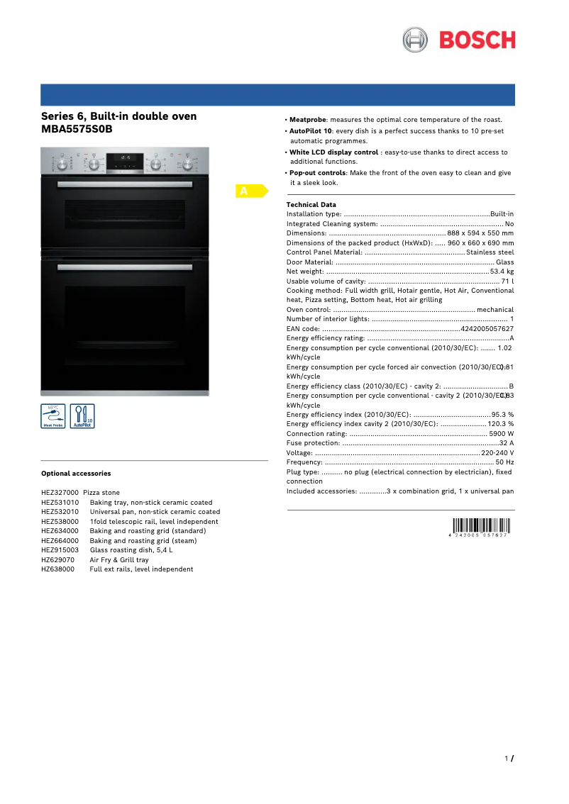 Page 1 de la notice Fiche technique Bosch Serie 6 MBA5575S0B