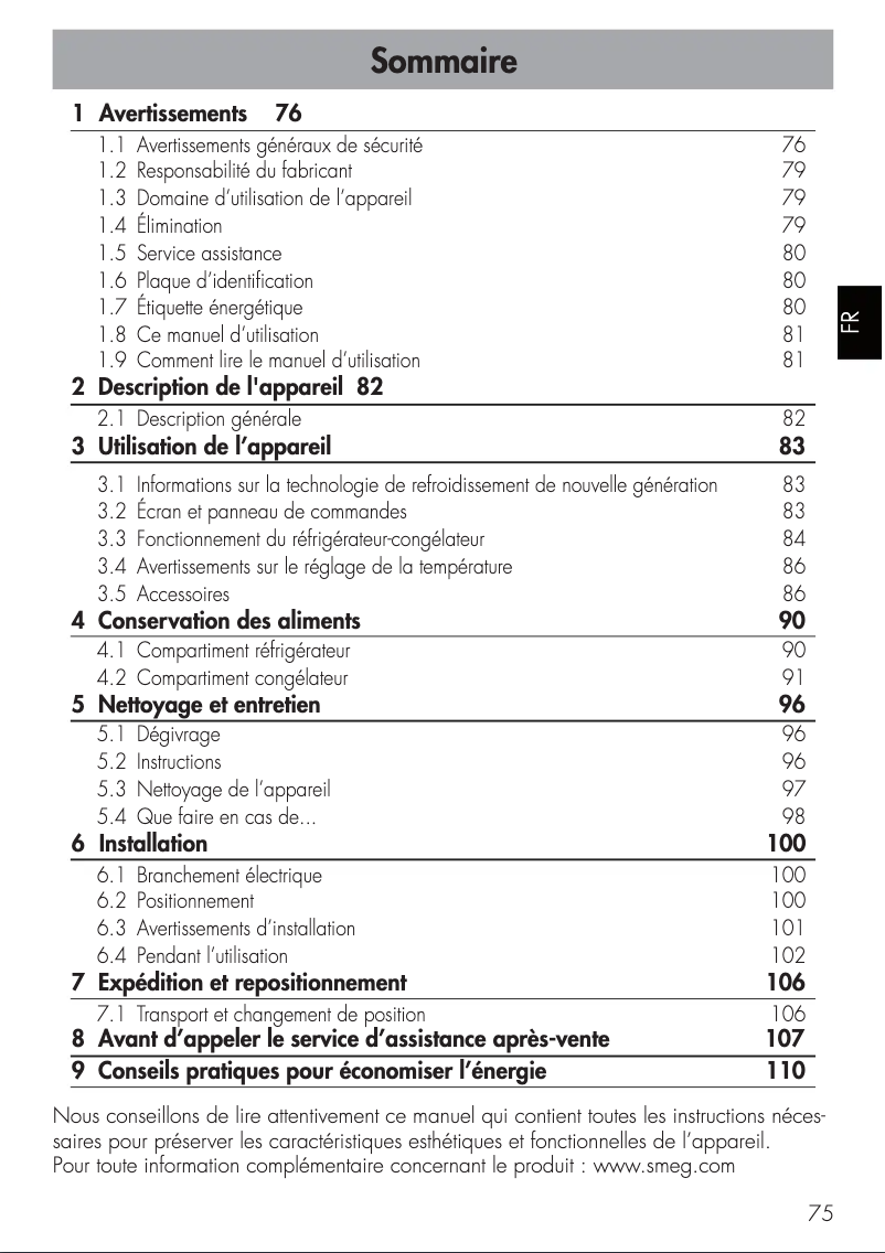 Page 1 de la notice Manuel utilisateur Smeg FAB38RPB
