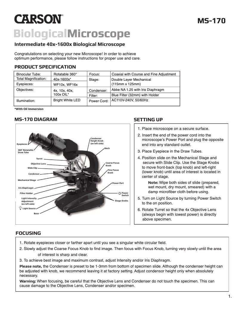 Page n°1 - Manuel utilisateur Carson MS-170