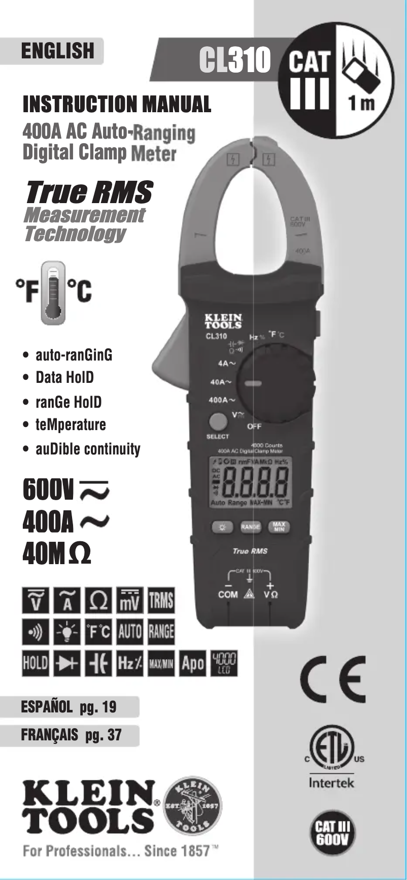 Page 1 de la notice Manuel utilisateur Klein Tools CL310