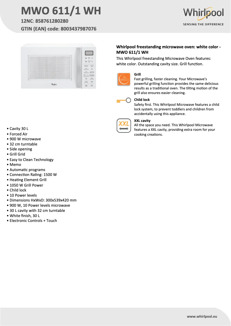 Page 1 de la notice Fiche technique Whirlpool MWO 611