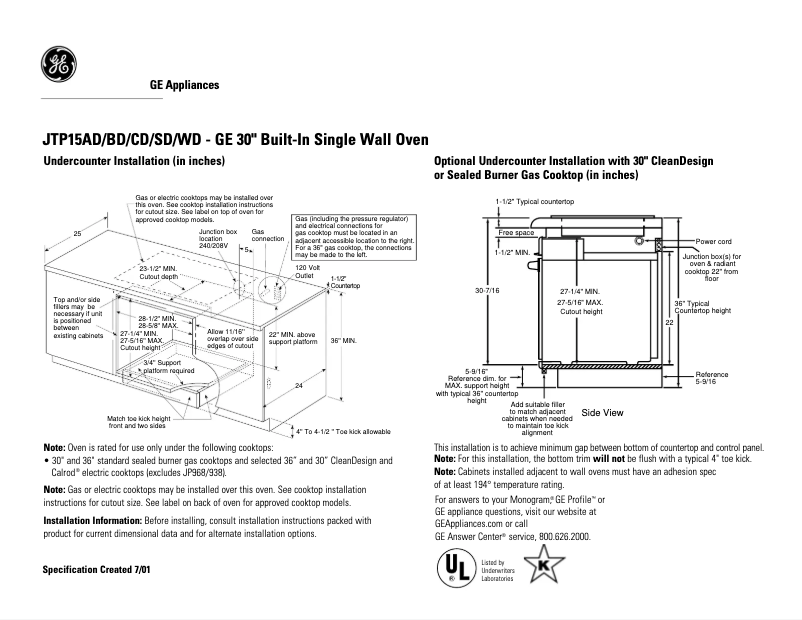 Page n°1 - Fiche technique GE JTP15BDBB