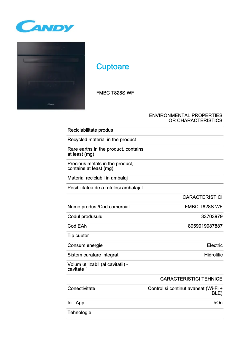 Page 1 de la notice Fiche technique Candy FMBC T828S WF