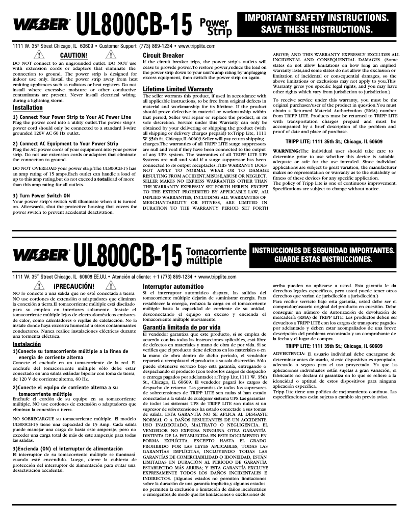 Page 1 de la notice Manuel utilisateur Tripp Lite UL800CB-15