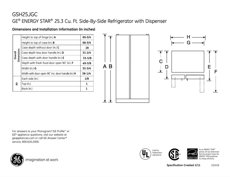 Page 1 de la notice Fiche technique GE GSH25JGCCC