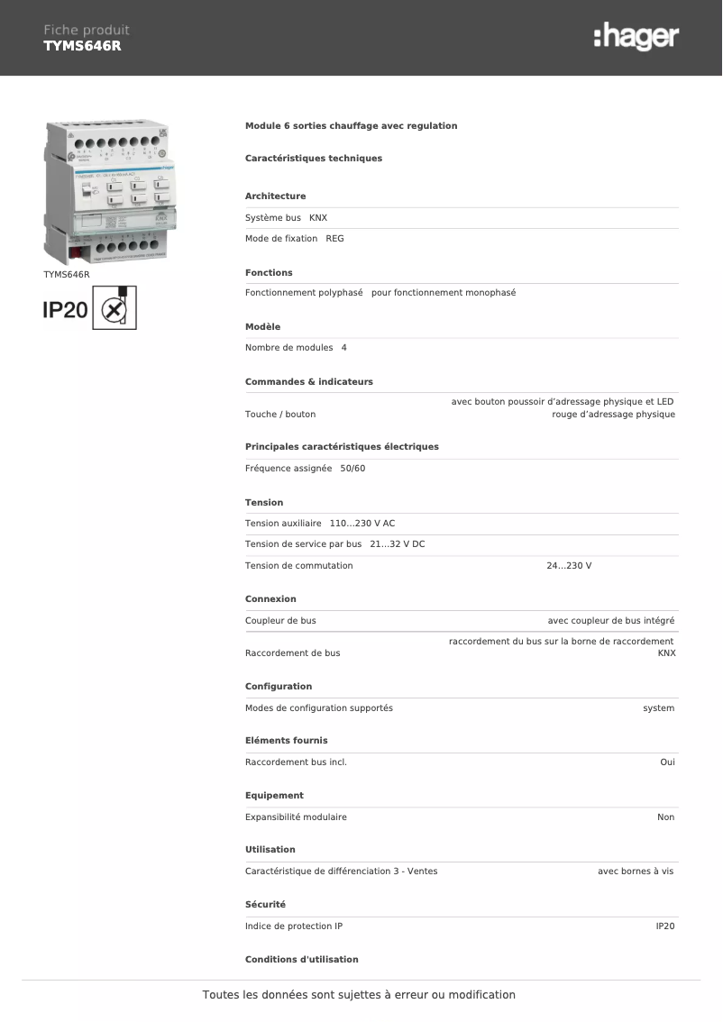 Page n°1 - Fiche technique Hager TYMS646R
