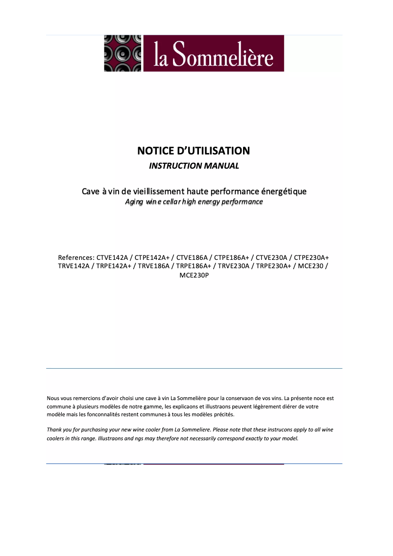Page 1 de la notice Manuel utilisateur La Sommelière CTVE142A