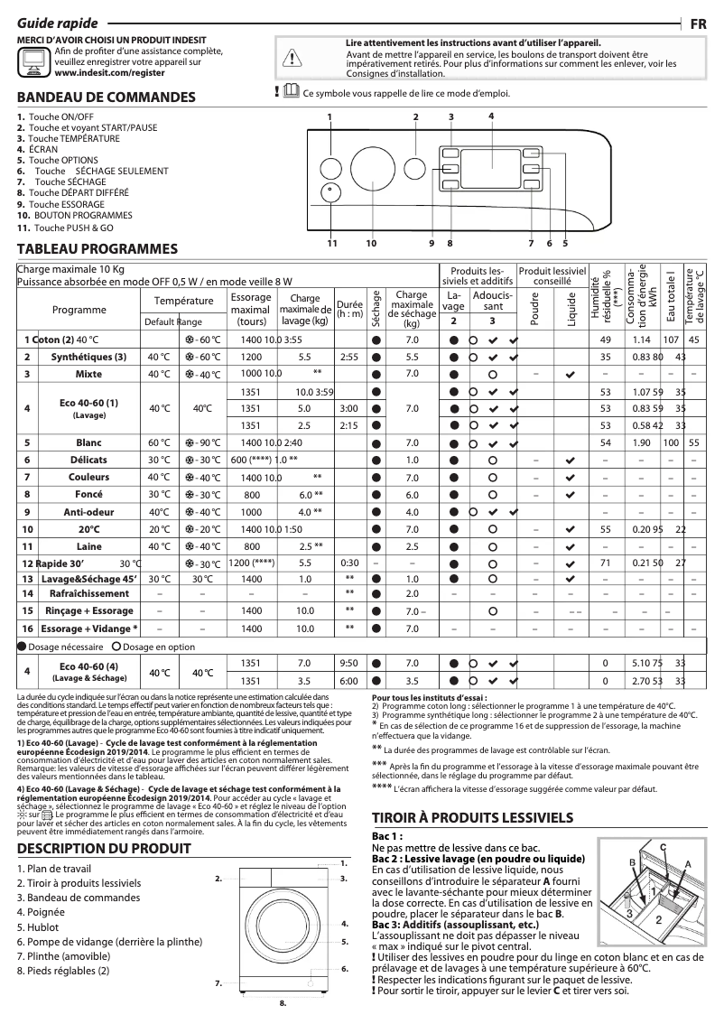 Page 1 de la notice Manuel utilisateur Indesit BDE 1071482X WK EU N