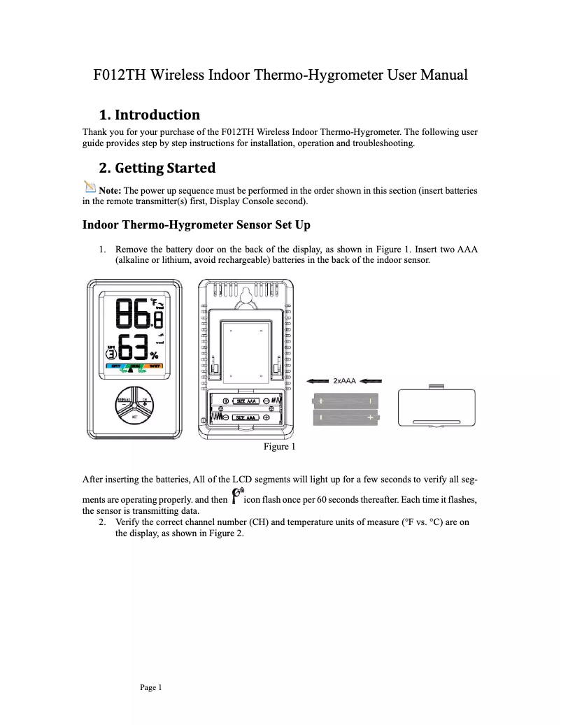 Page 1 de la notice Manuel utilisateur Ambient Weather FT012TH