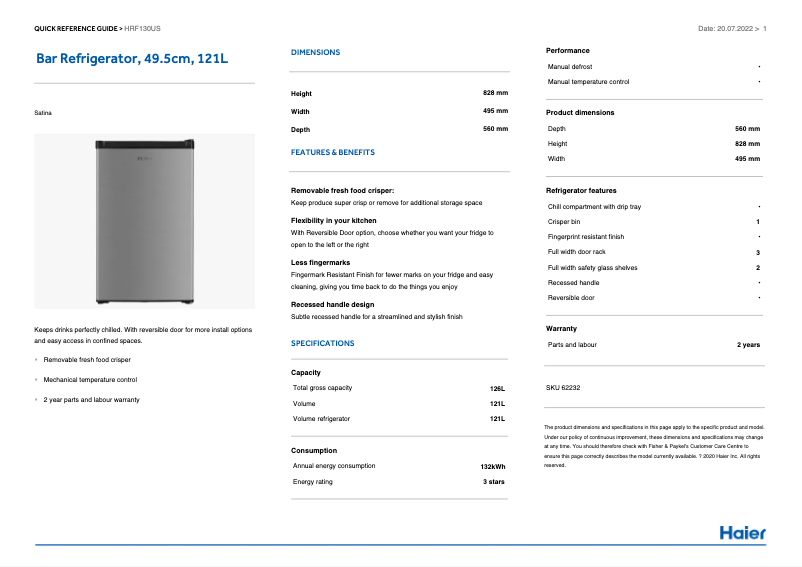 Image de la première page du manuel de l'appareil HRF130US
