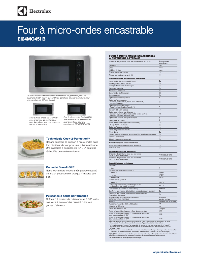 Page 1 de la notice Fiche technique Electrolux EI24MO45IB