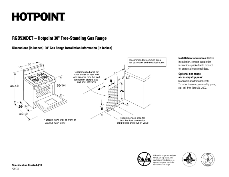 Page 1 de la notice Fiche technique Hotpoint RGB530DETWW