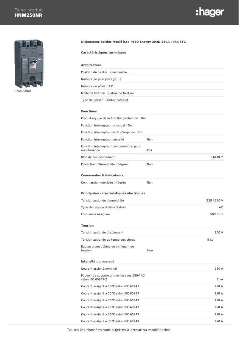 Página 1 del manual Ficha técnica Hager HNW250NR
