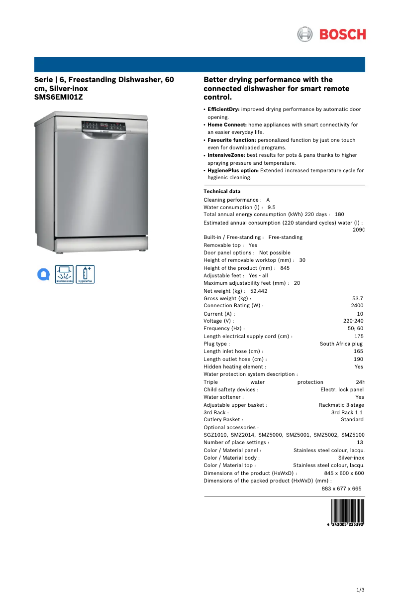 Page n°1 - Fiche technique Bosch SMS6EMI01Z