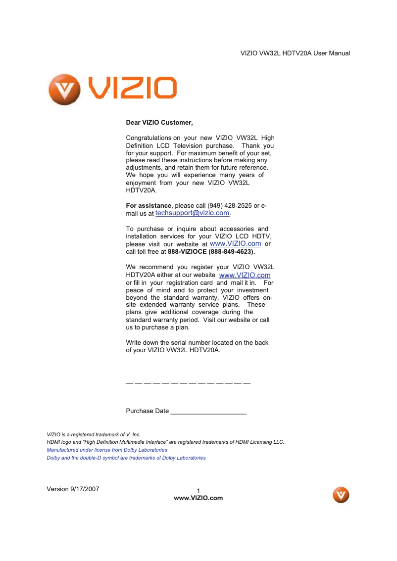 Page 1 de la notice Manuel utilisateur VIZIO VW32LHDTV20A