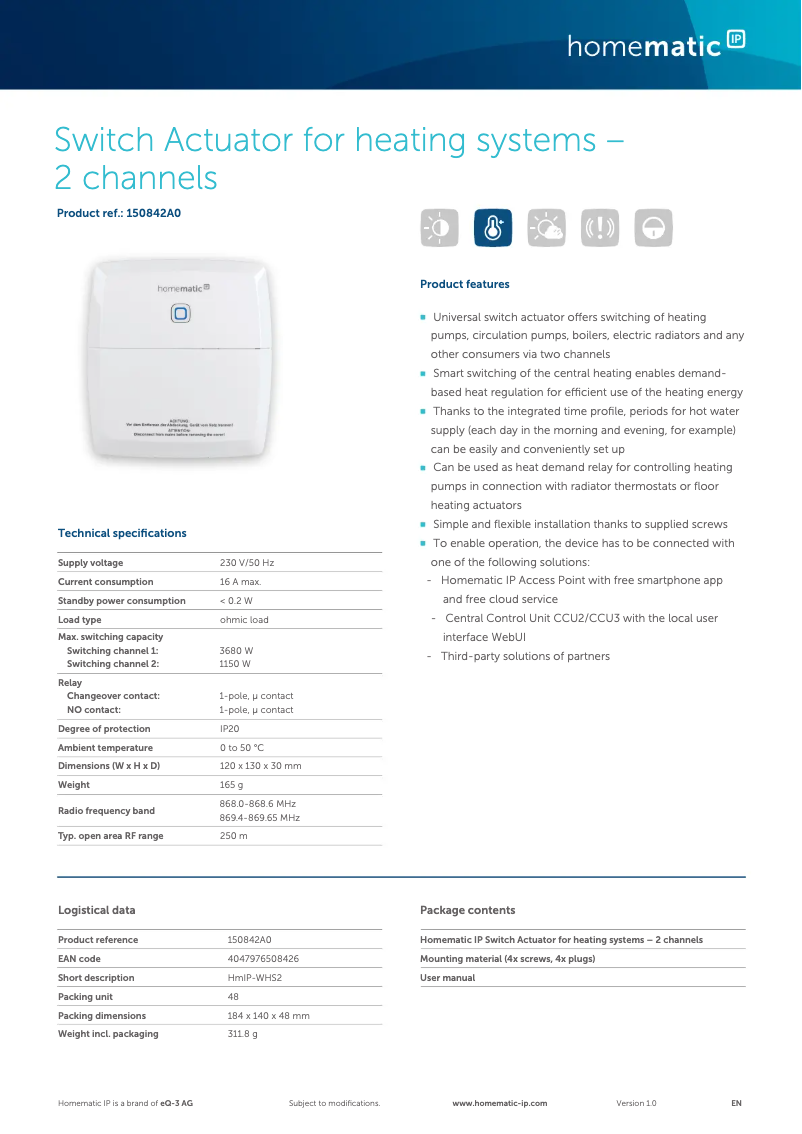Page 1 de la notice Fiche technique Homematic IP HmIP-WHS2