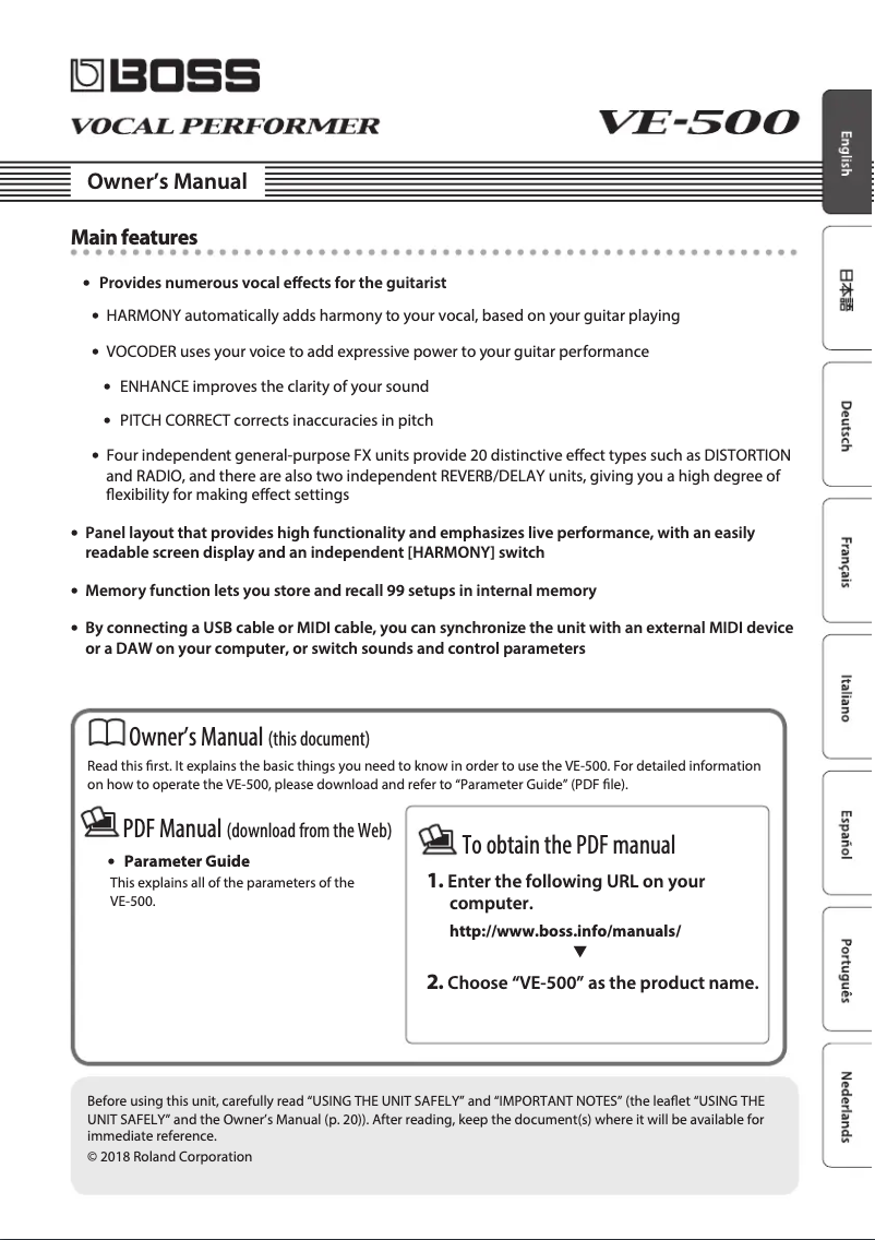 Page 1 de la notice Manuel utilisateur Boss VE-500