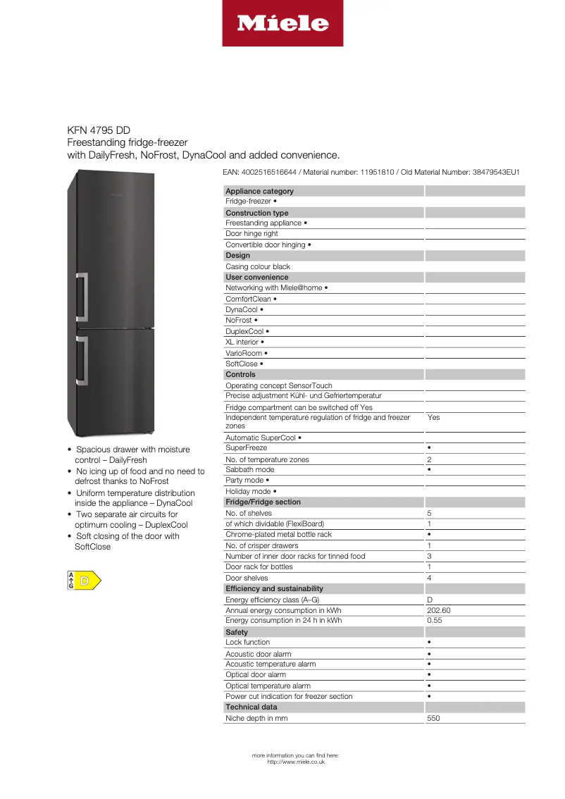 Page 1 de la notice Fiche technique Miele KFN 4795 DD